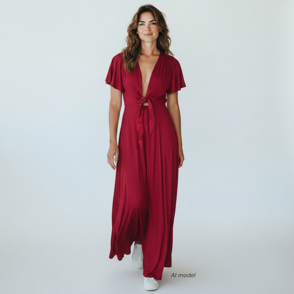 Reformation Dress Womens 6 Red Orchid Wrap Maxi Flowy Tie Front Flutter Sleeve